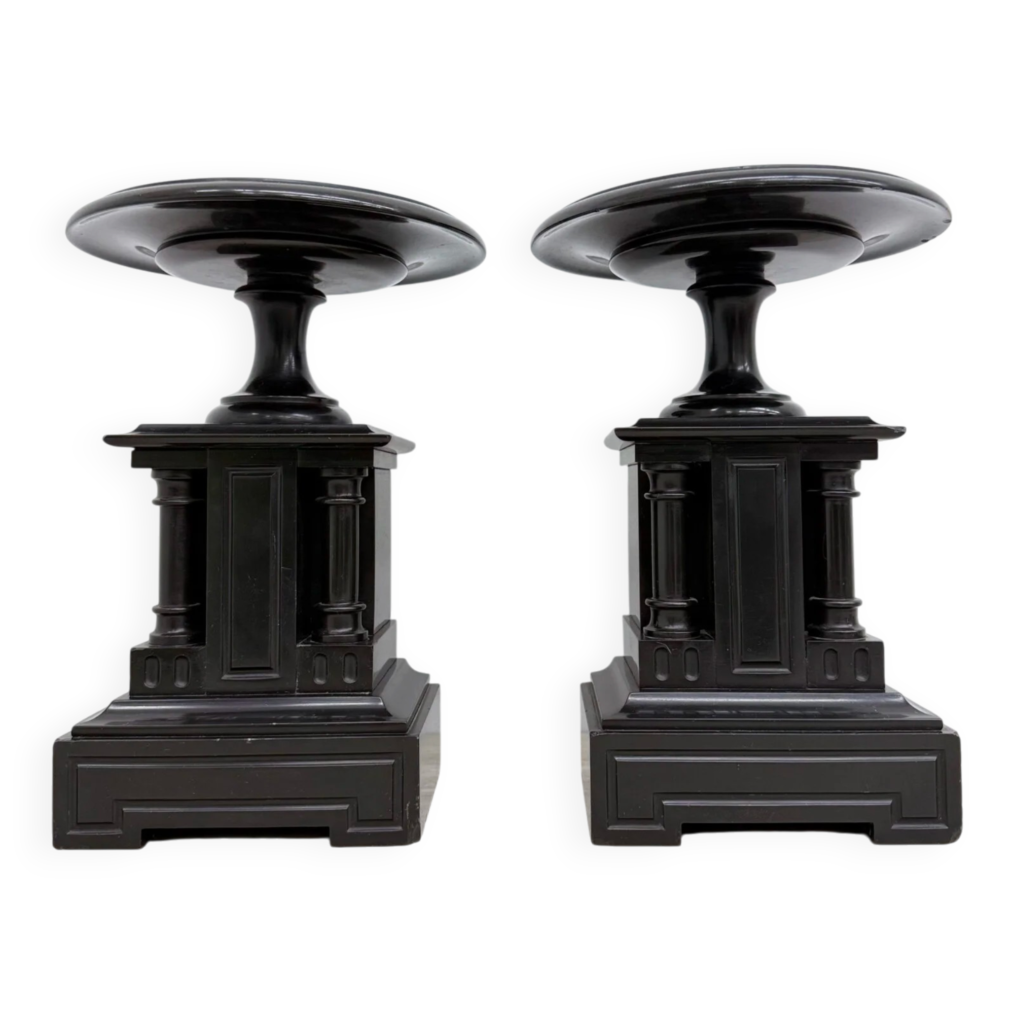 Antique French black marble cassoulets gilt decor pedestals neoclassical pair, 1900s
