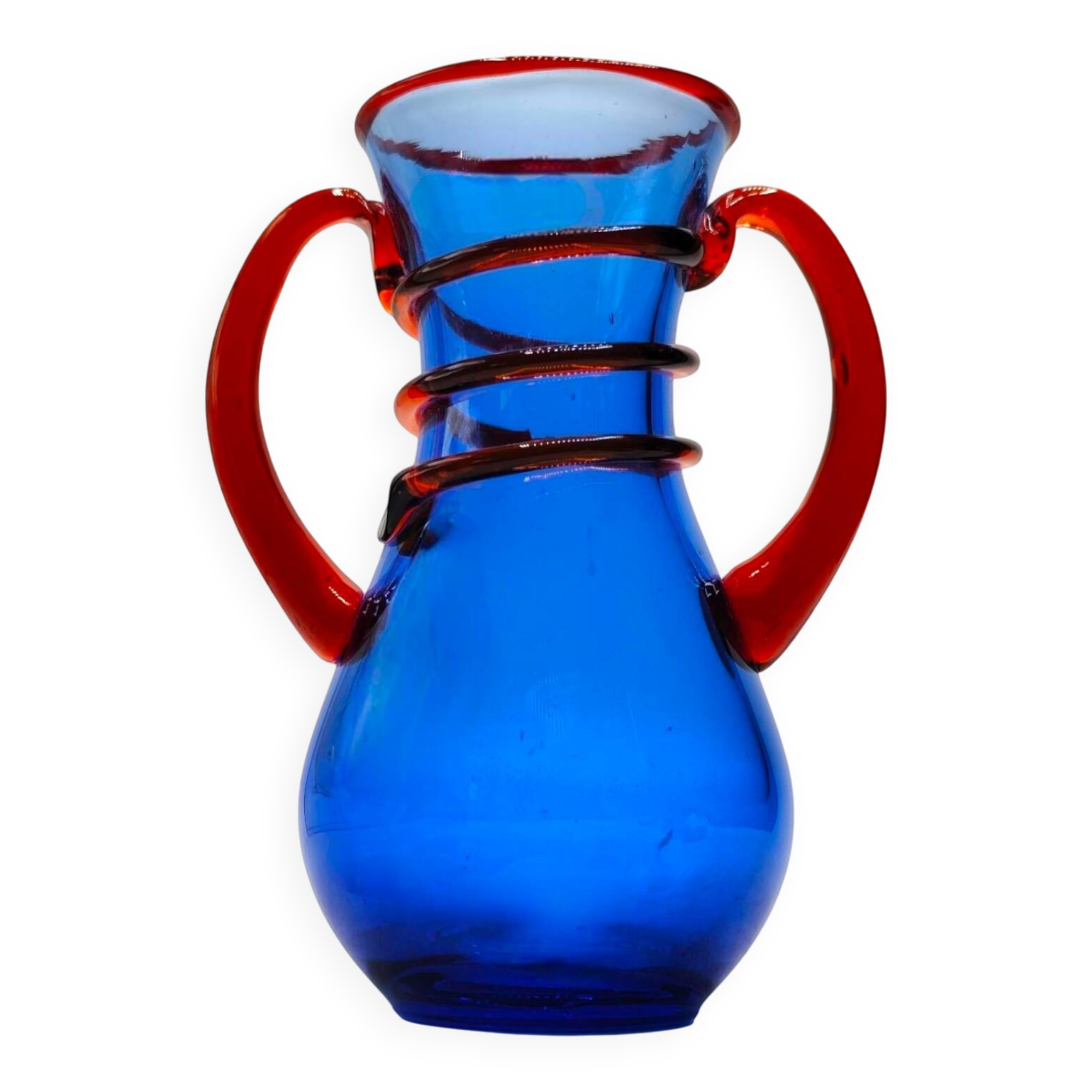Vintage Late 20th Century Murano Glass Vase - Cobalt Blue and Red