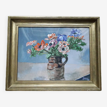 Tableau ancien représentant un bouquet d'anémones