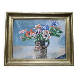 Tableau ancien représentant un bouquet d'anémones