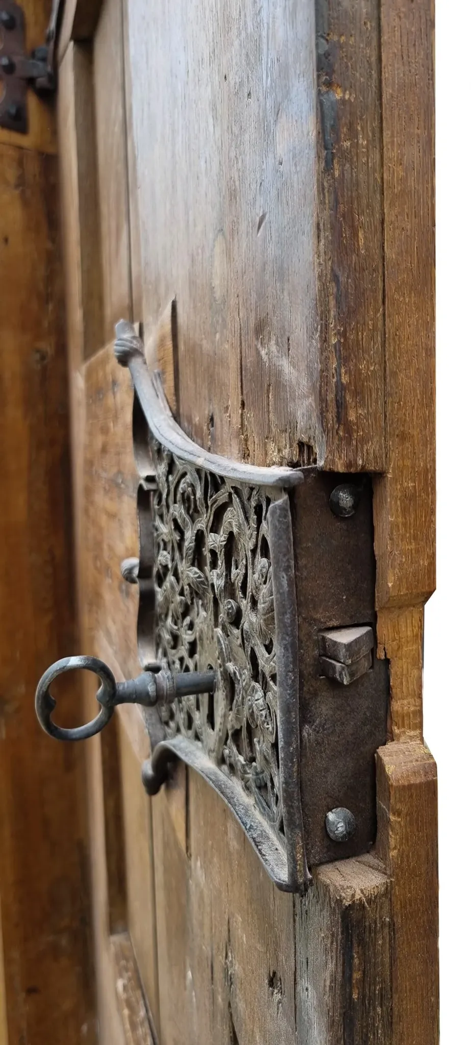 Antique oak door with frame and pierced wrought-iron lock – 16th–17th c.