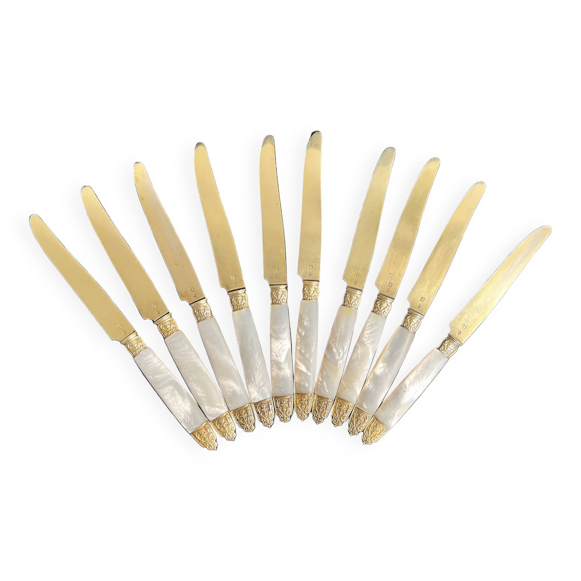 10 Fruit knives in solid silver and vermeil mother-of-pearl