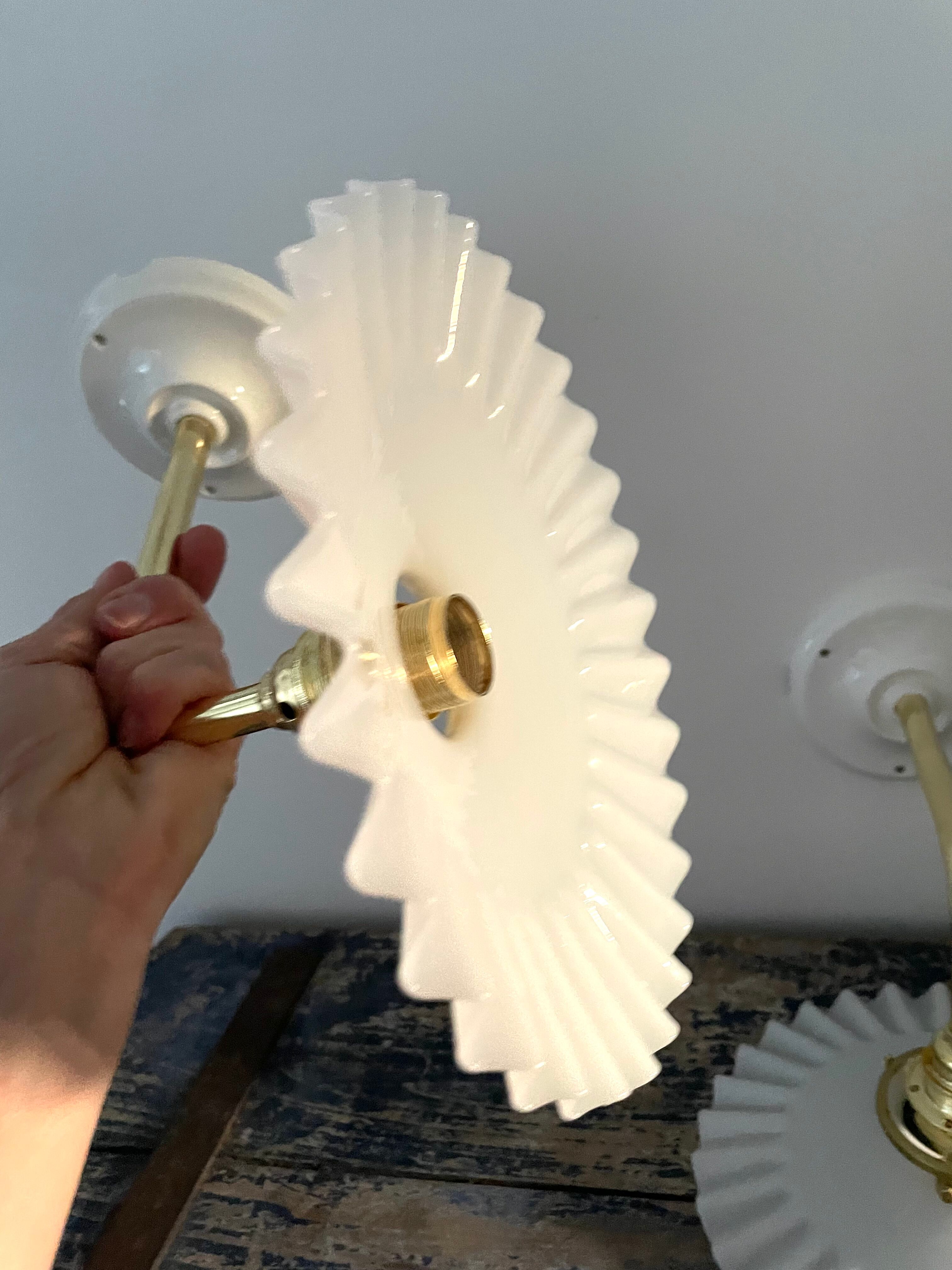 Set of two vintage white opaline wall lamps electrified to nine