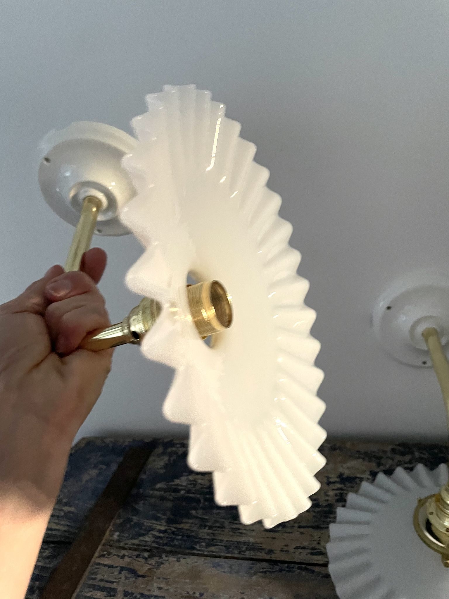 Set of two vintage white opaline wall lamps electrified to nine