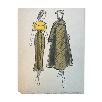 Dessin de mode couple femmes années 30-50