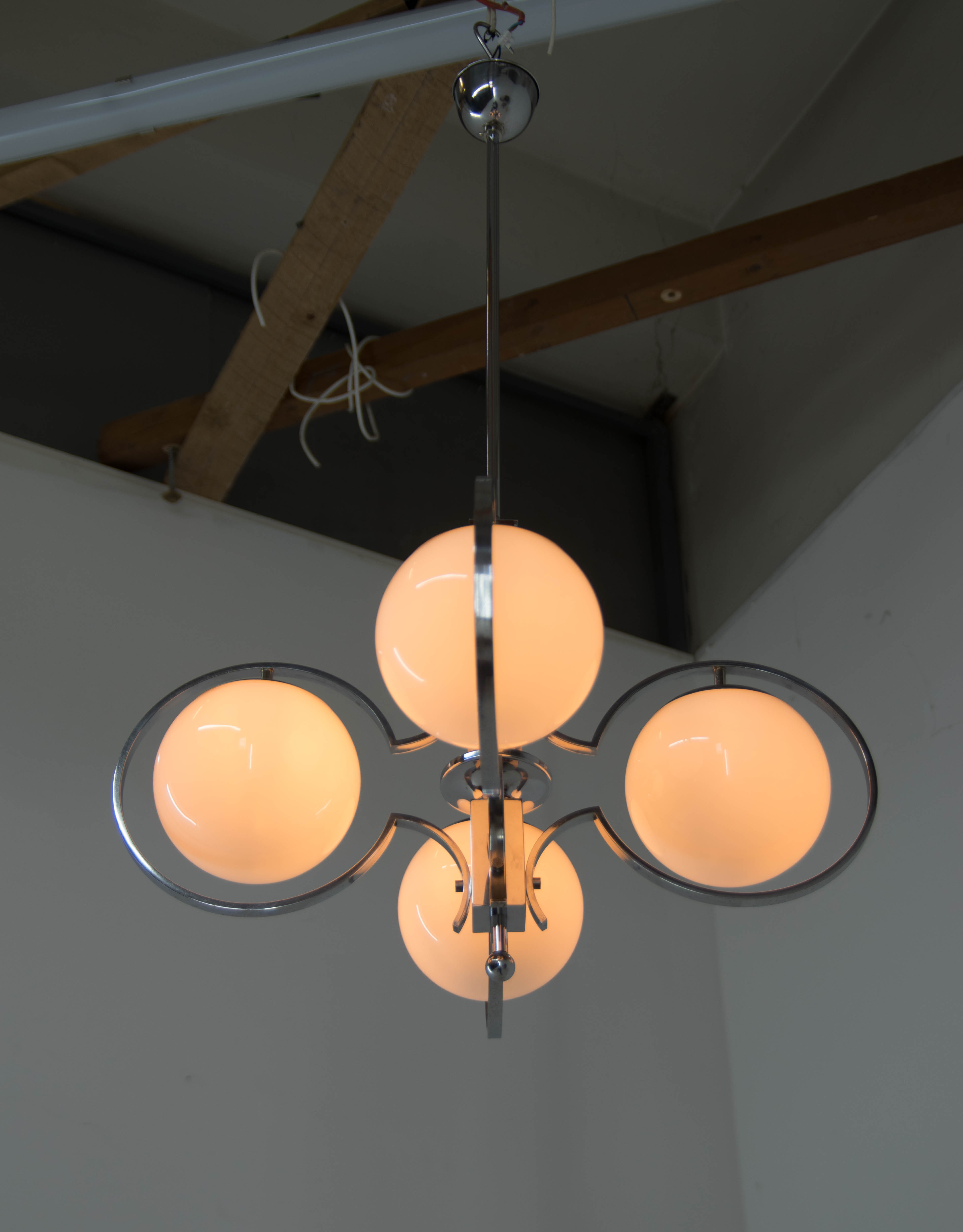 Art deco opaline glass wood and chrome chandelier, 1930s