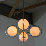 Art deco opaline glass wood and chrome chandelier, 1930s