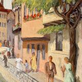 1940s French oil painting on wood. Cityscape