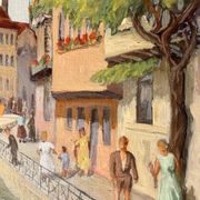 1940s French oil painting on wood. Cityscape