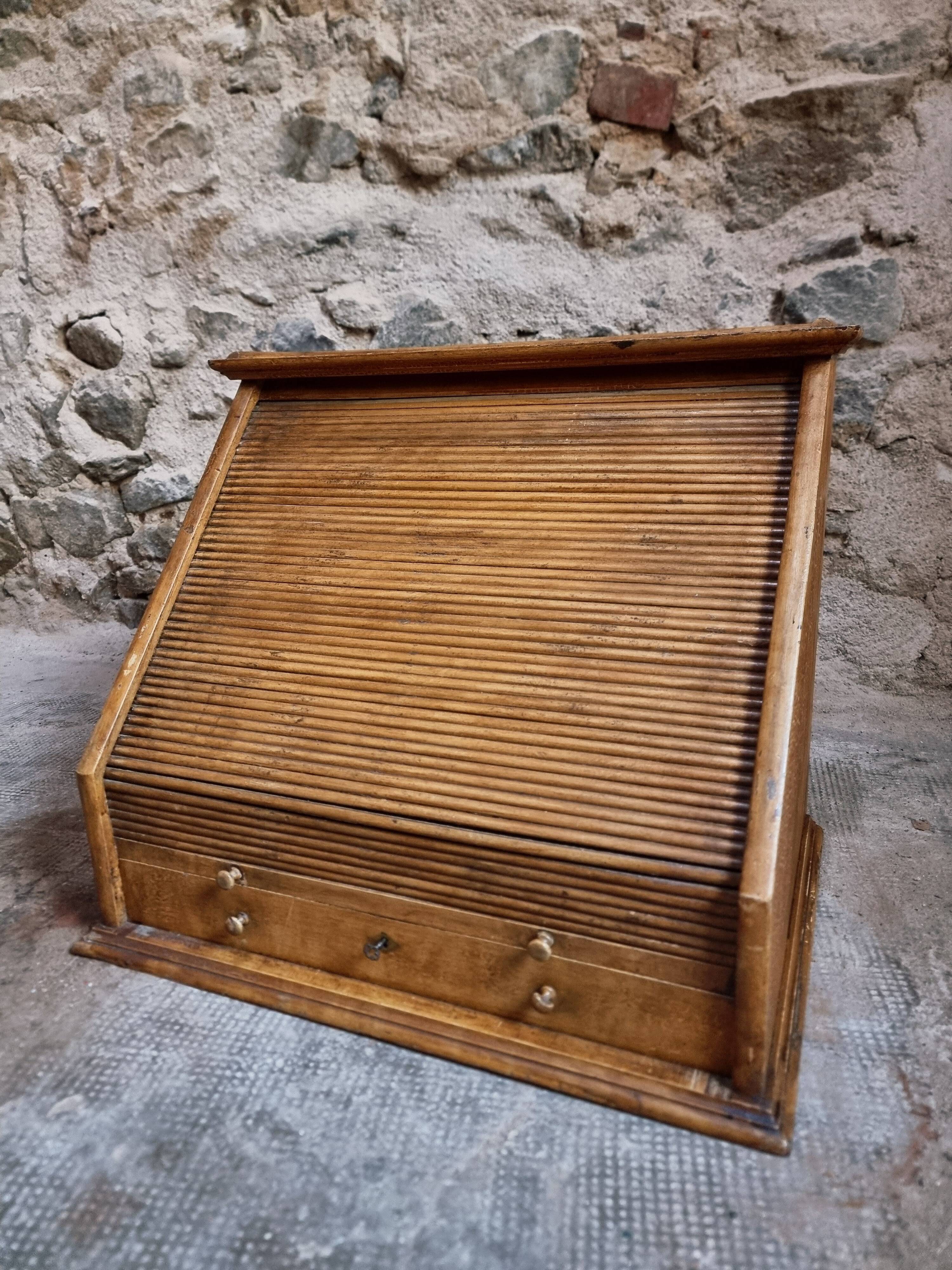Antique French optician's table display cabinet – Walnut curtain display cabinet, early 1900s.
