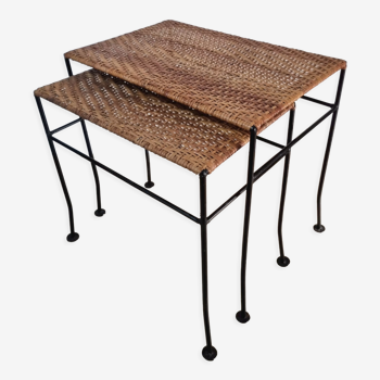 Nesting tables rattan and wrought iron 60s