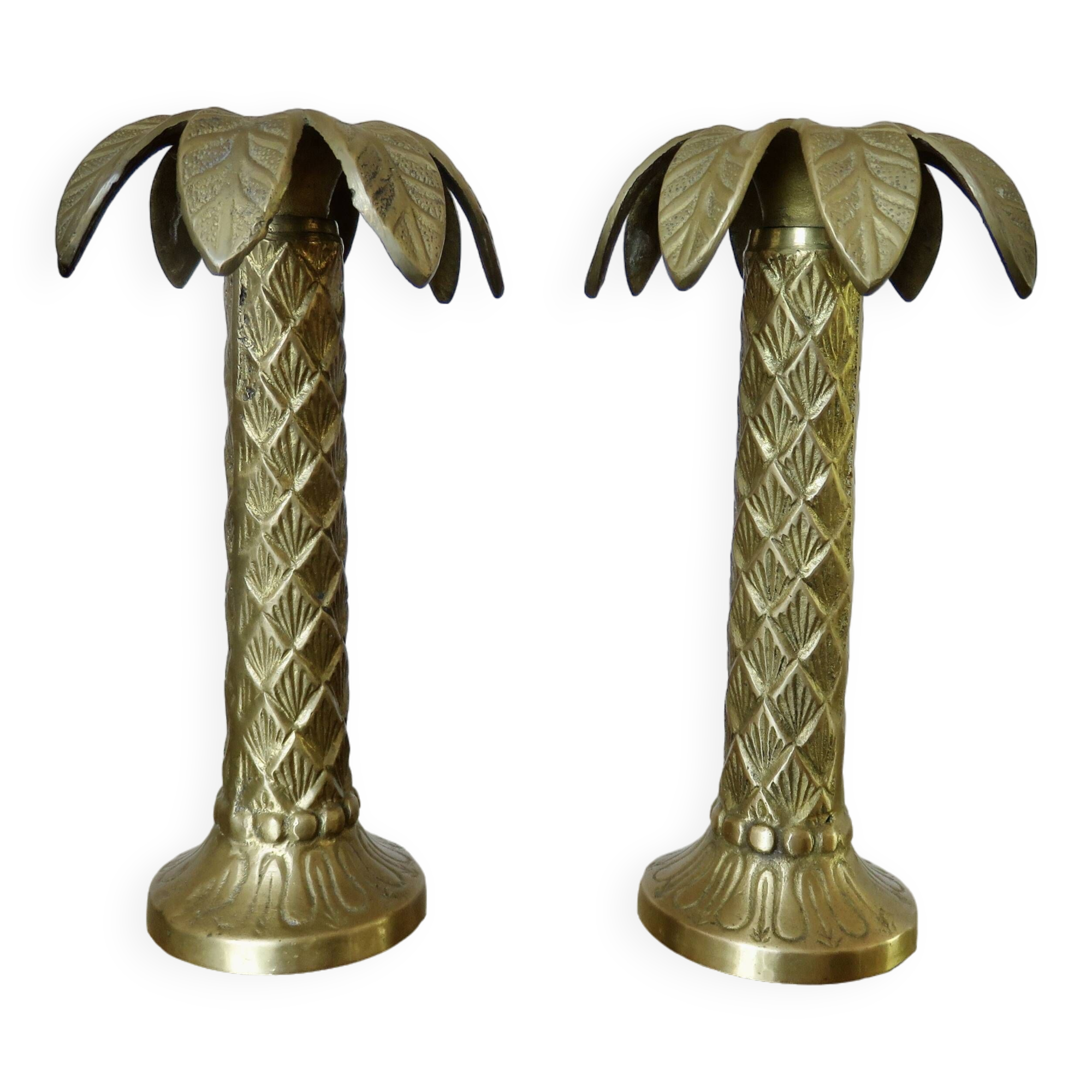 Pair of "palm tree" candlesticks in solid gilded brass, 1970