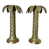 Pair of "palm tree" candlesticks in solid gilded brass, 1970