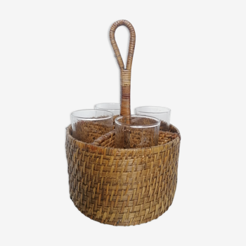 Braided wicker basket and its 4 glasses