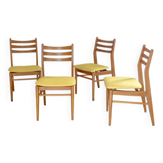 4 Scandinavian chairs light wood and yellow fabric