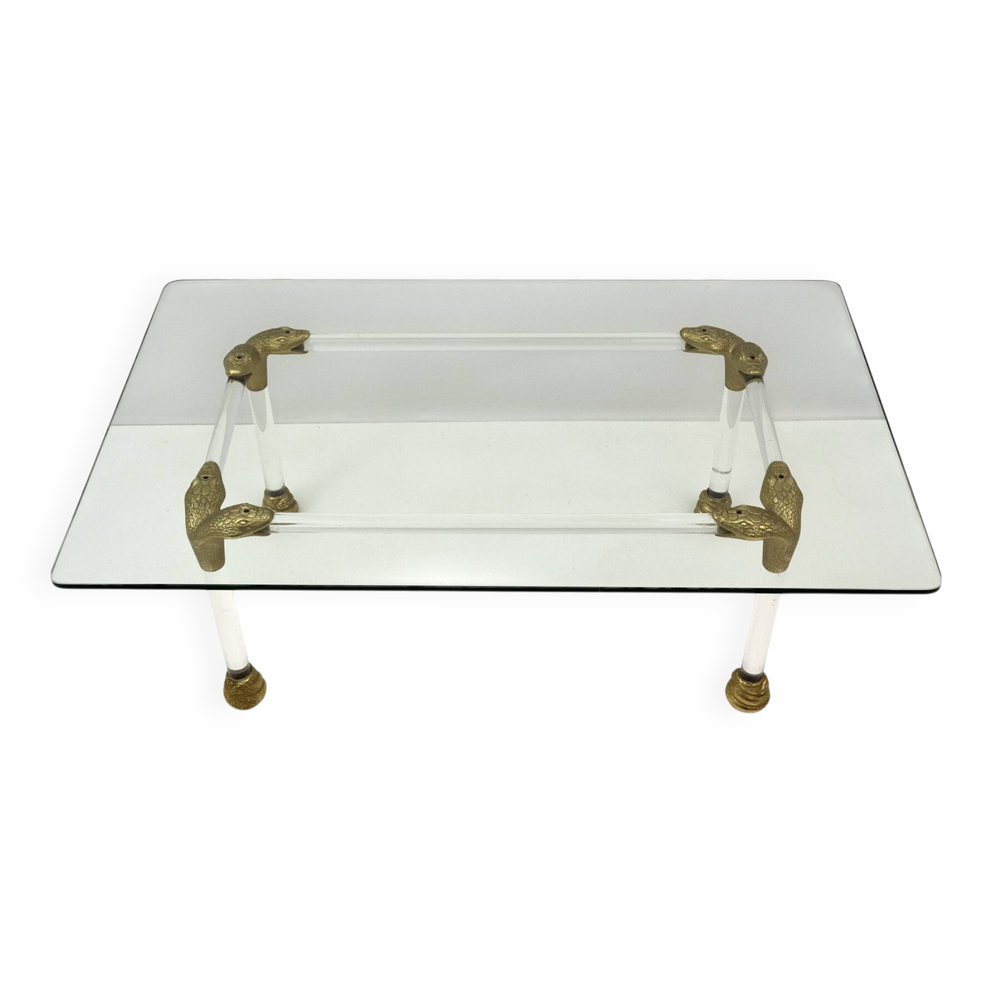 Mid-Century Lucite and Brass Italian Coffee Table with Snake Head Details