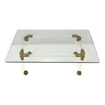 Mid-Century Lucite and Brass Italian Coffee Table with Snake Head Details
