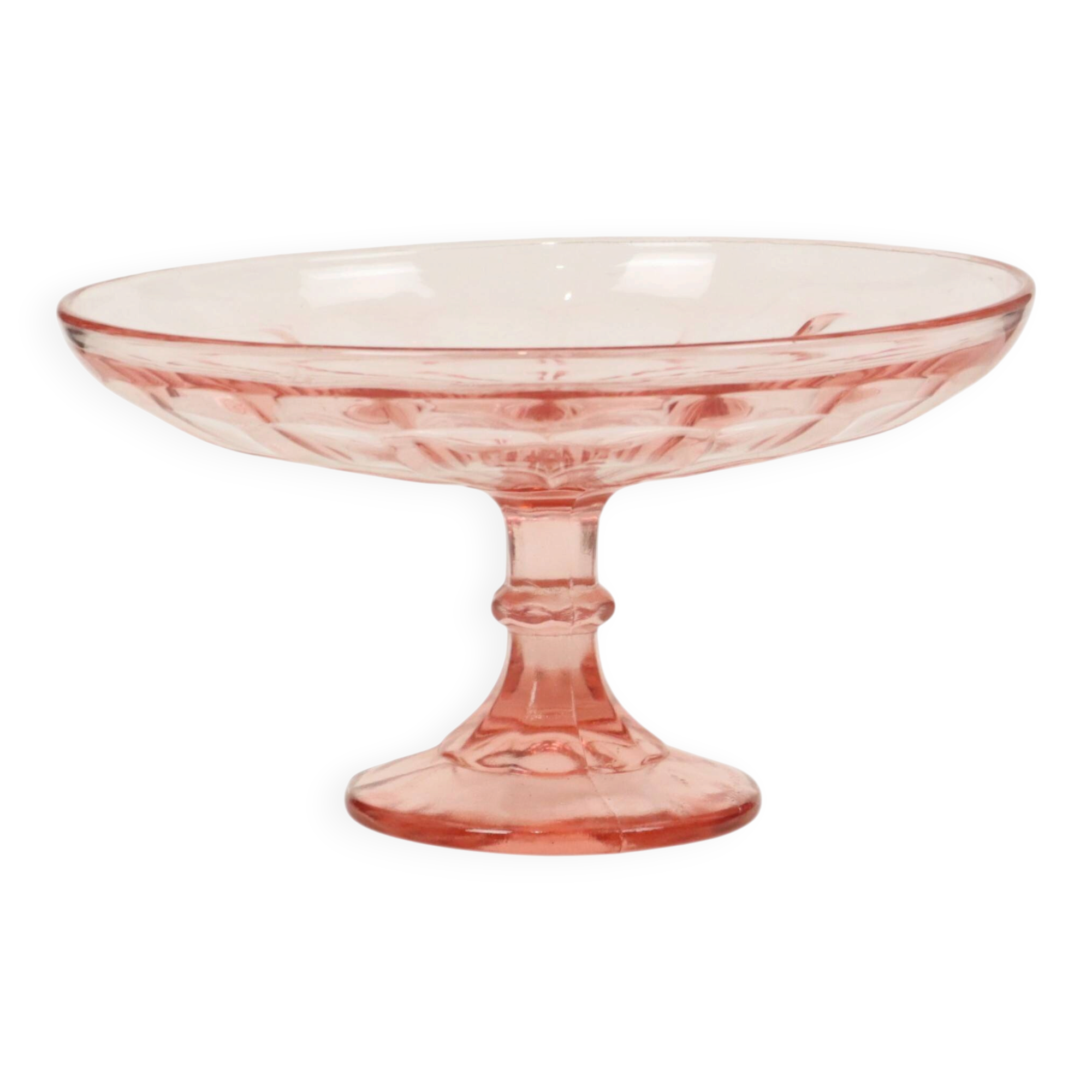 Bol à fruits haut Art Déco rose en verre dépression 28 cm