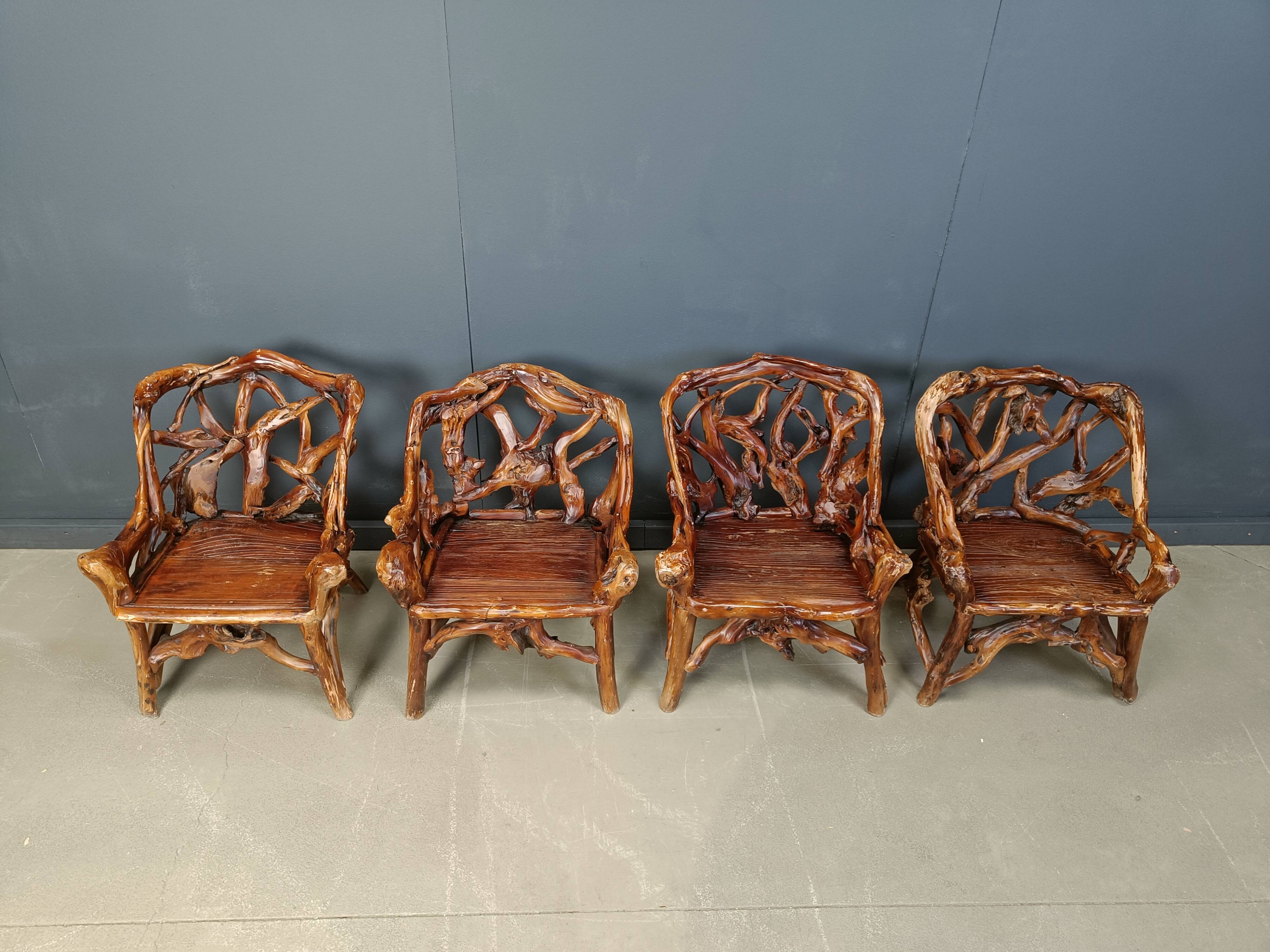 Rustic wood and knotted root armchairs, set of 4 - 1960s