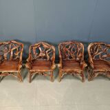Rustic wood and knotted root armchairs, set of 4 - 1960s
