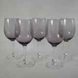 Set of 5 70s purple bubbled glass wine glasses