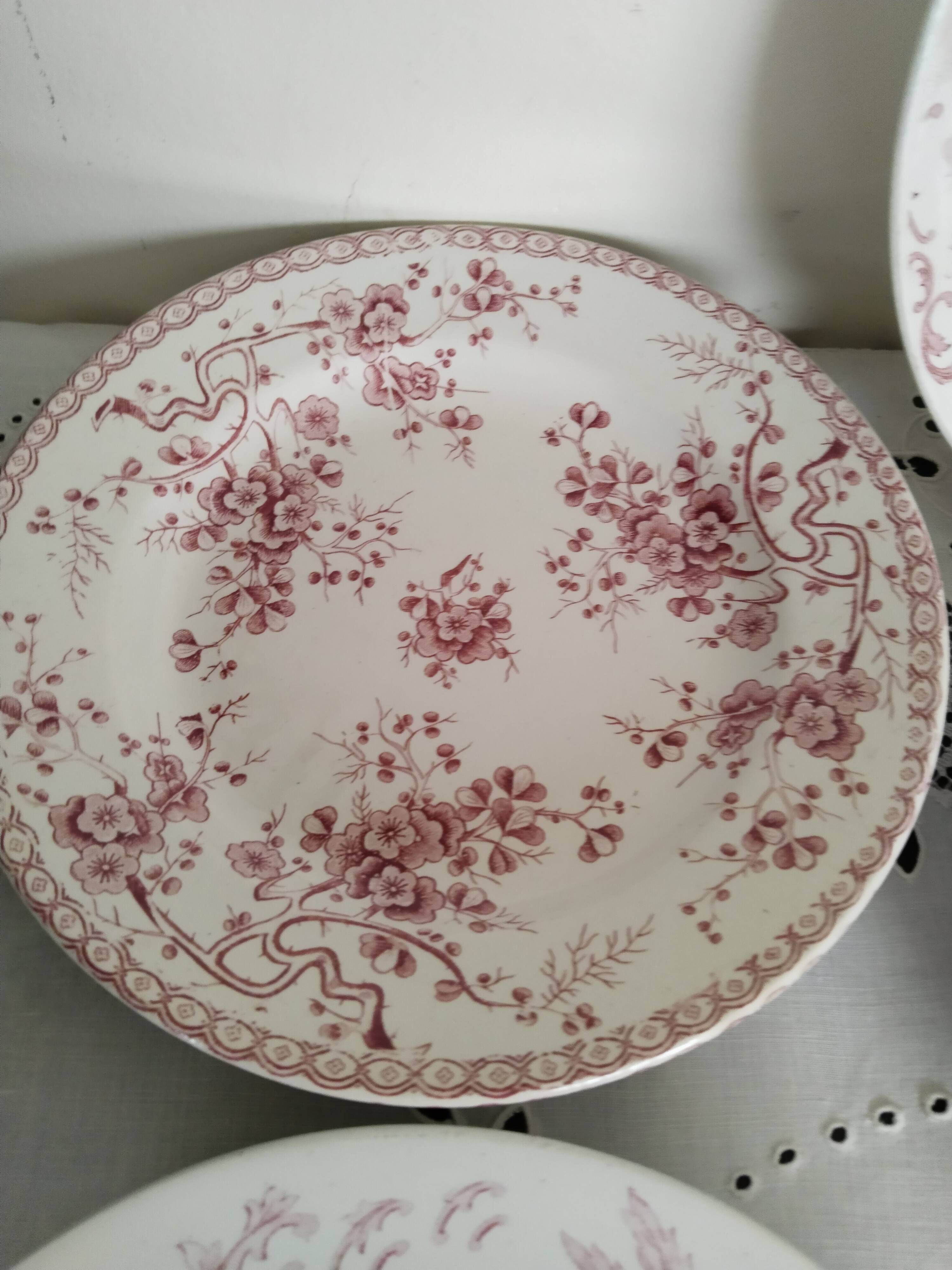 Set of 5 dinner plates in Terre de fer earthenware, red color, antique French