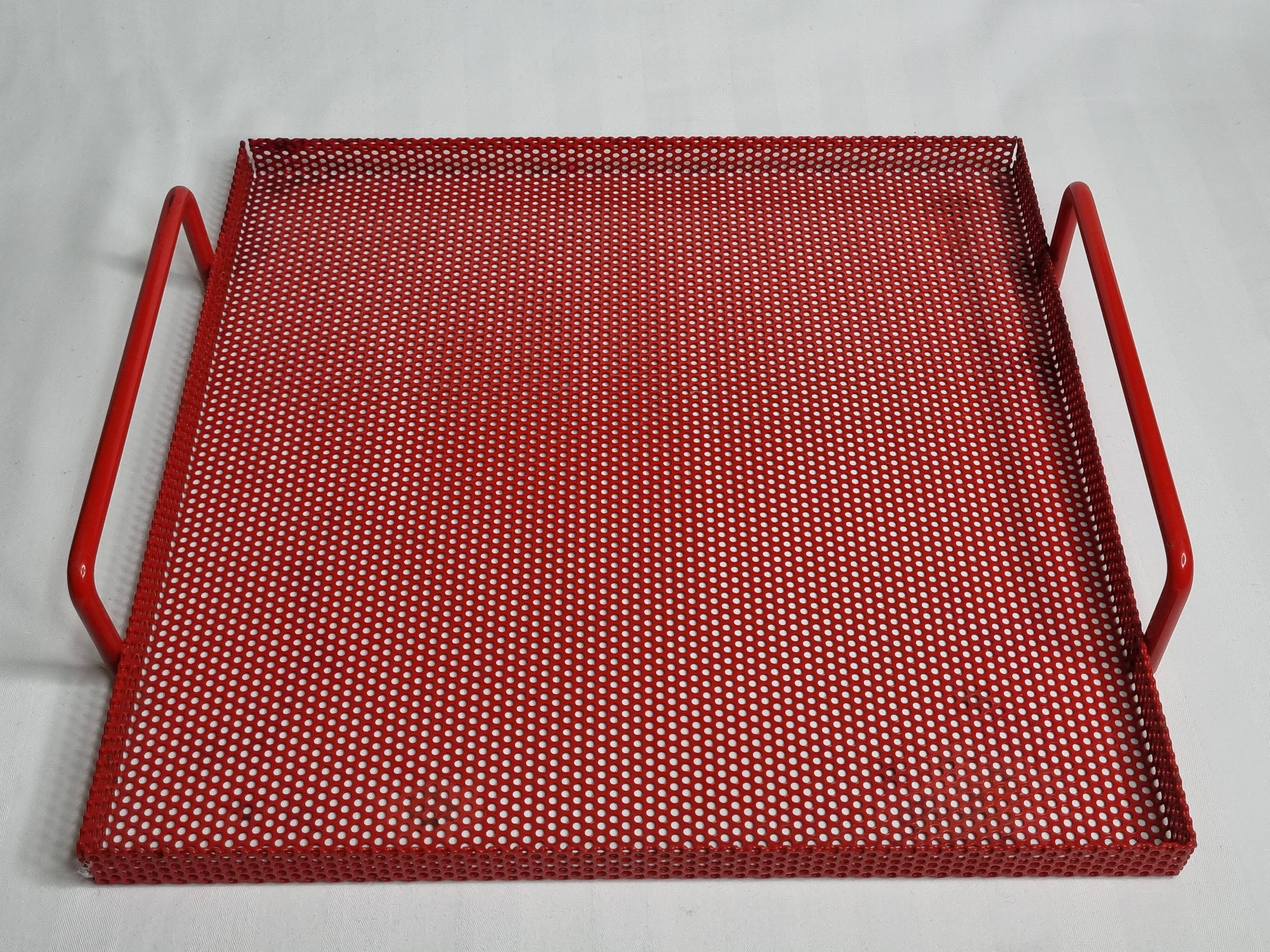 Presentation tray in red lacquered perforated metal, 80s