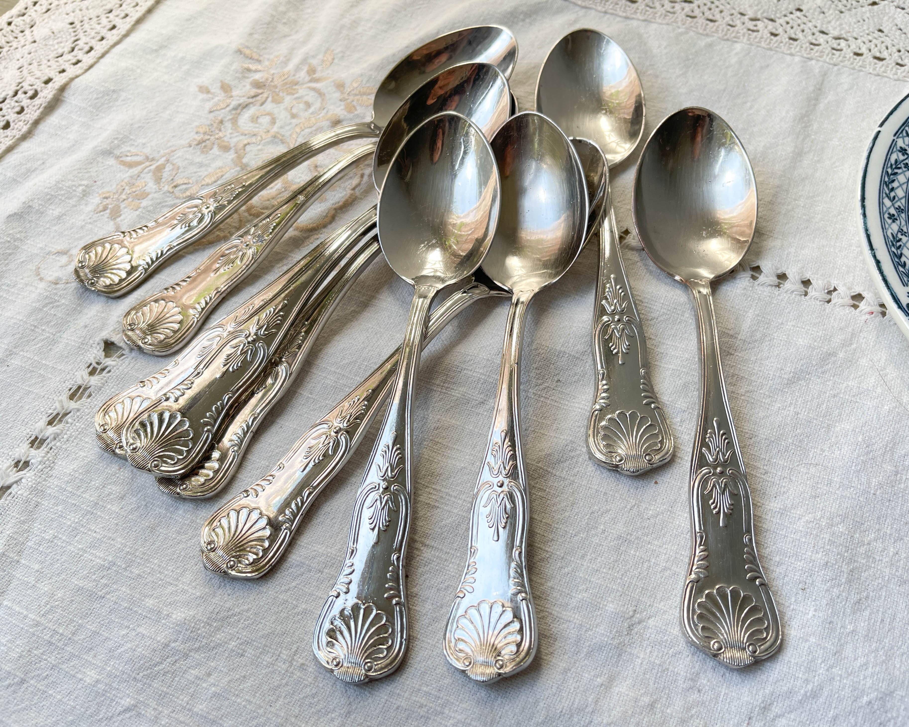 10 Vintage Rocaille Style Metal Soup Spoons