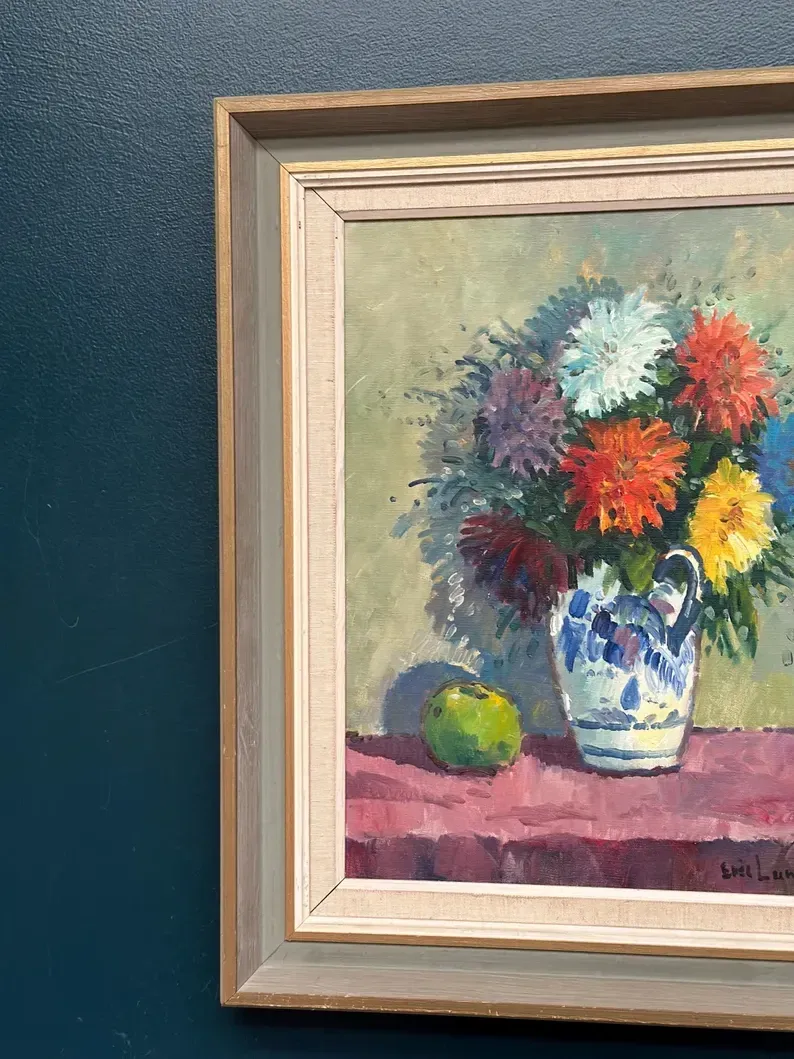 Original Swedish Oil on Canvas – “Asters in a Ceramic Vase” by Eric Lundgren – Signed – Vintage and Framed – 60 × 54 cm (23.6" × 21.3")
