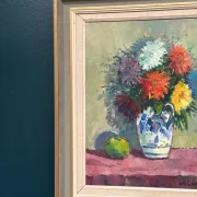 Original Swedish Oil on Canvas – “Asters in a Ceramic Vase” by Eric Lundgren – Signed – Vintage and Framed – 60 × 54 cm (23.6" × 21.3")