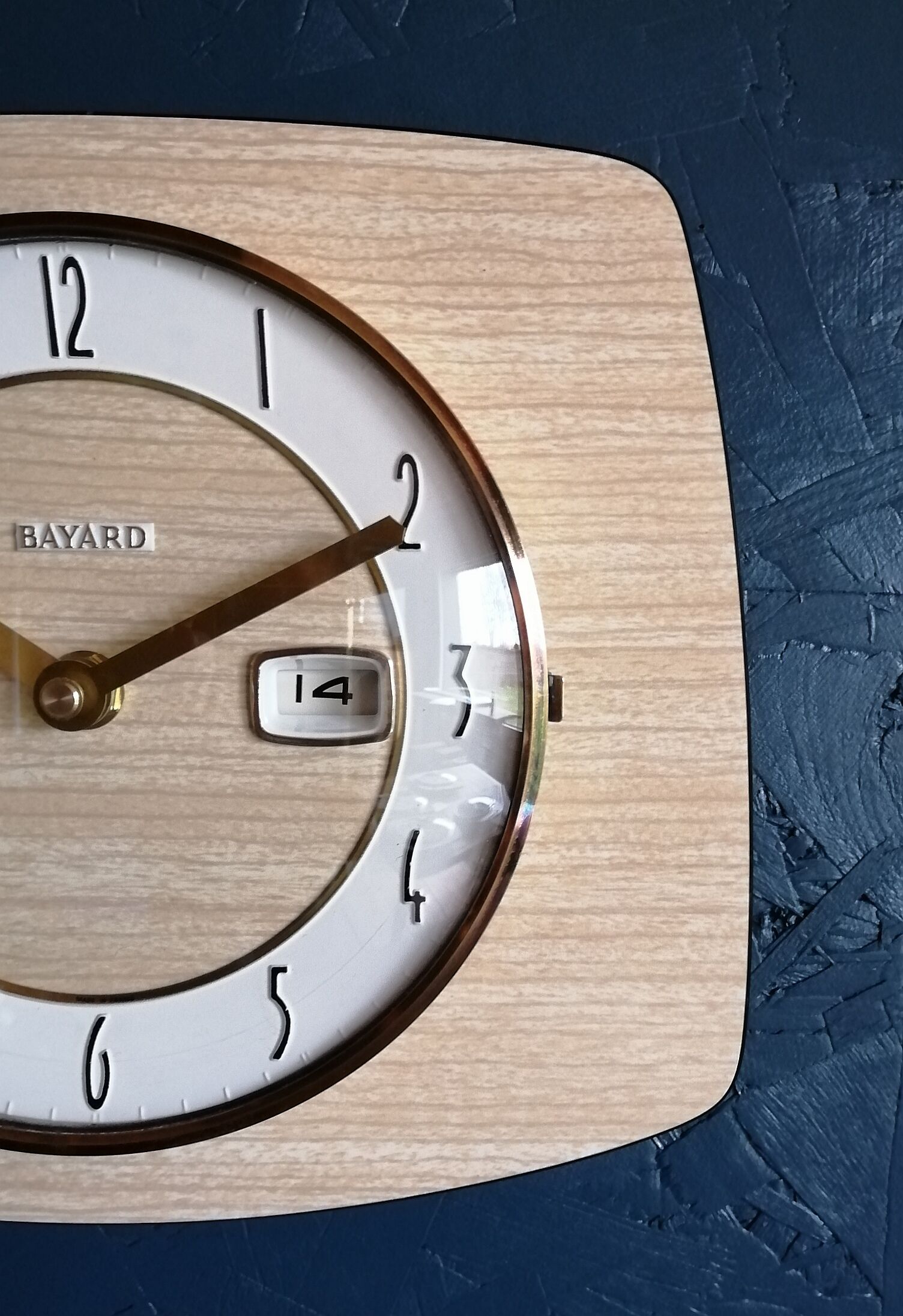 Vintage clock formica silent rectangular wall clock "bayard beige wood"