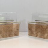 Pair of magazine racks in plexiglass, brass and inlaid caning in the style of Christian Dior and Gabriella Crespi