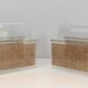 Pair of magazine racks in plexiglass, brass and inlaid caning in the style of Christian Dior and Gabriella Crespi