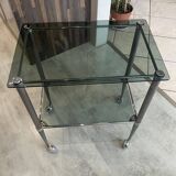 Vintage 1950s silver metal bar cart with wheels and two glass shelves