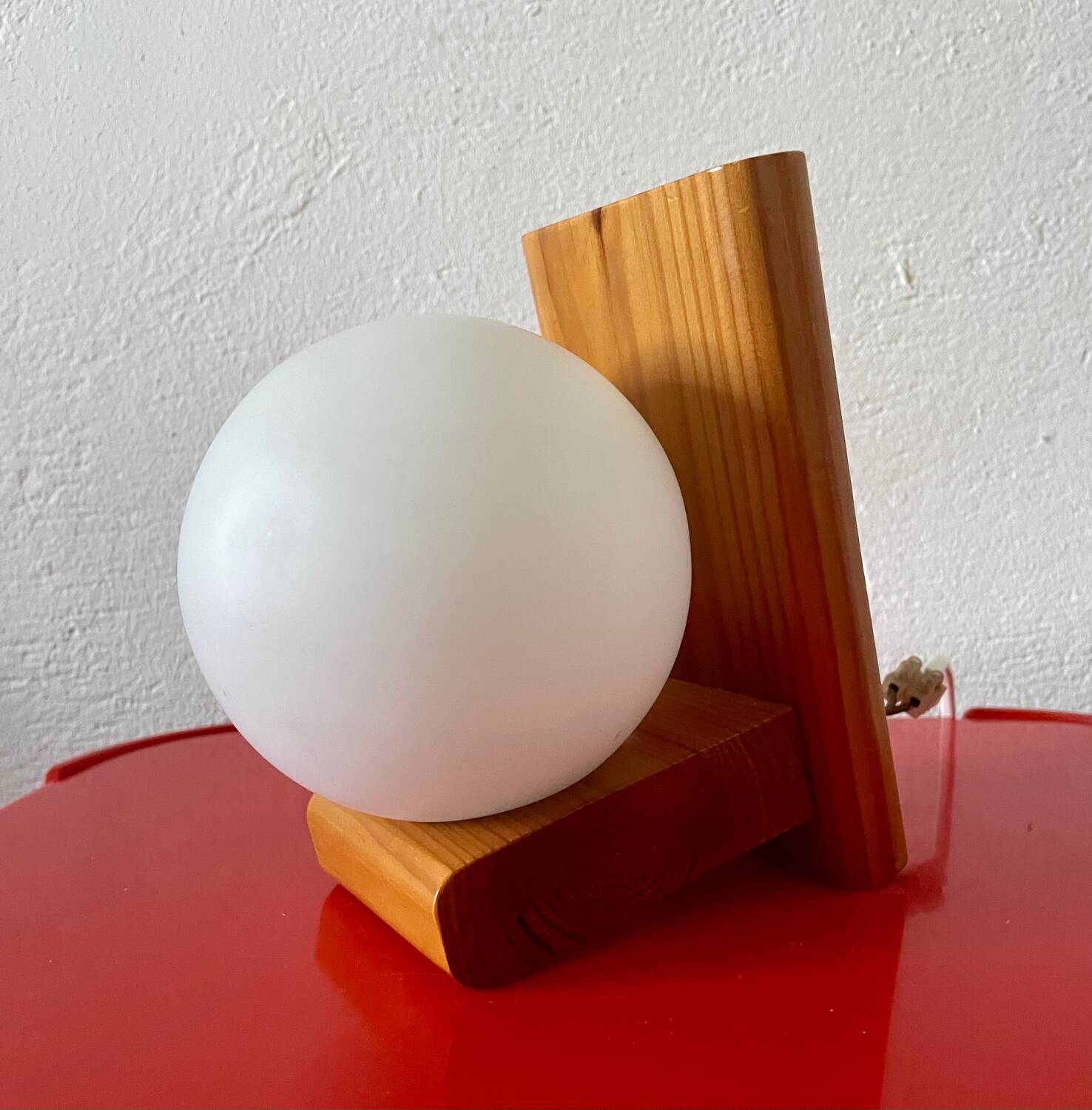 Vintage pine wall lamp with opaline globe