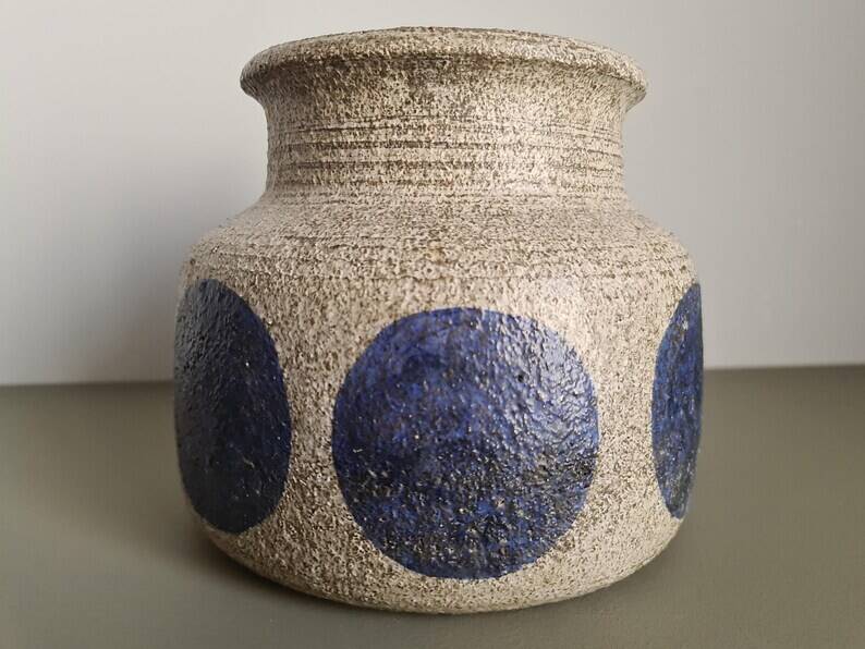 Mid-century modern stoneware vase with cobalt blue dots.