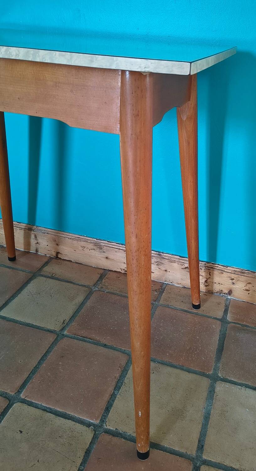 Vintage bistro table with compass legs, formica, beech, 50 x 70.
