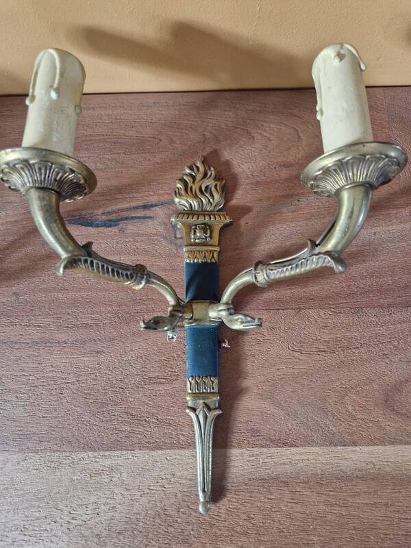 Pair of Empire style wall sconces in gilded bronze and green lacquer.