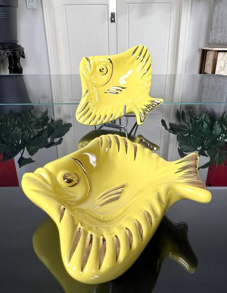 Soap Holder - Pair - Yellow Earthenware - Vintage Fish Bathroom Accessory