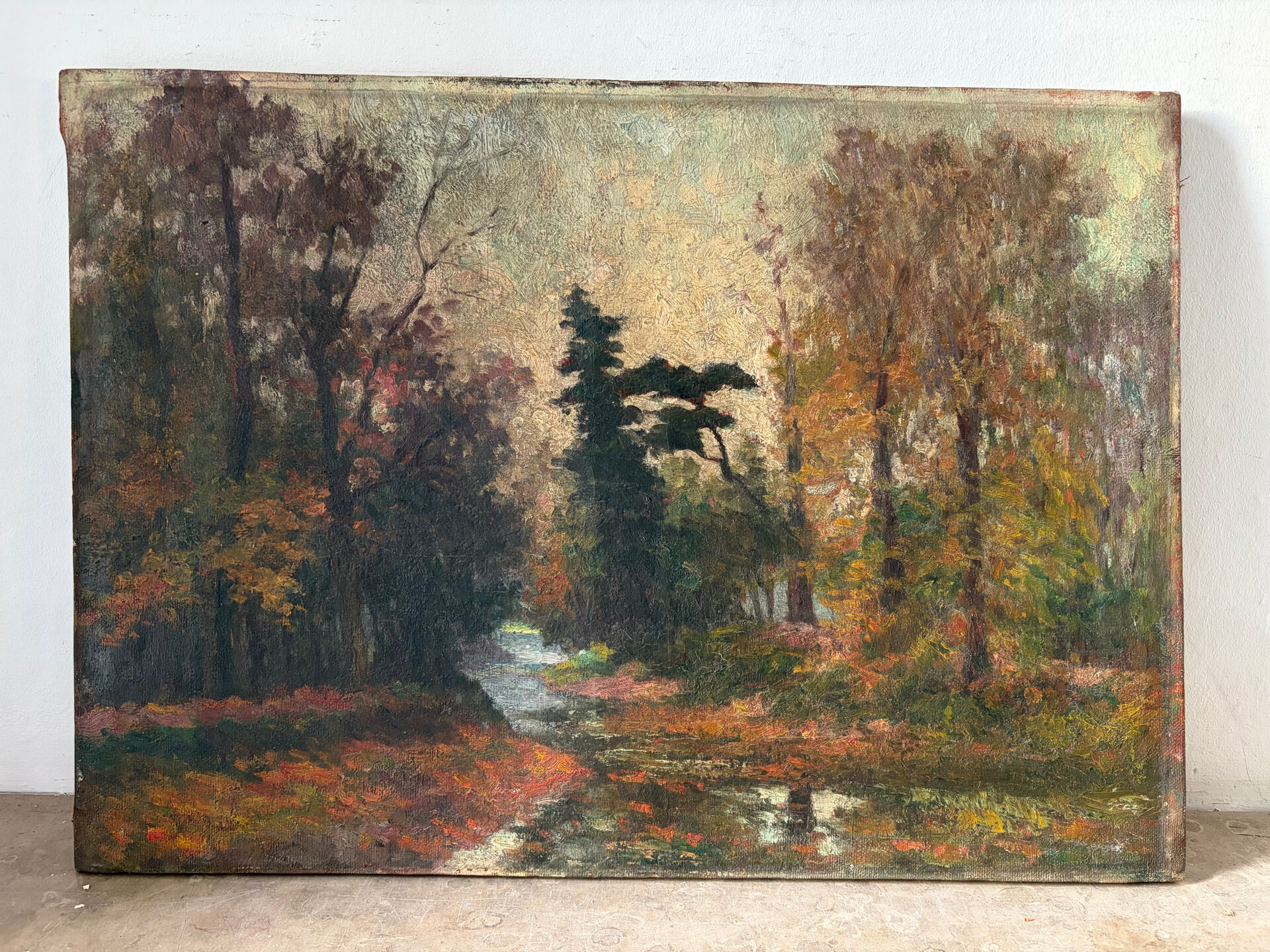 Huile sur toile  "Rivière dans les bois"