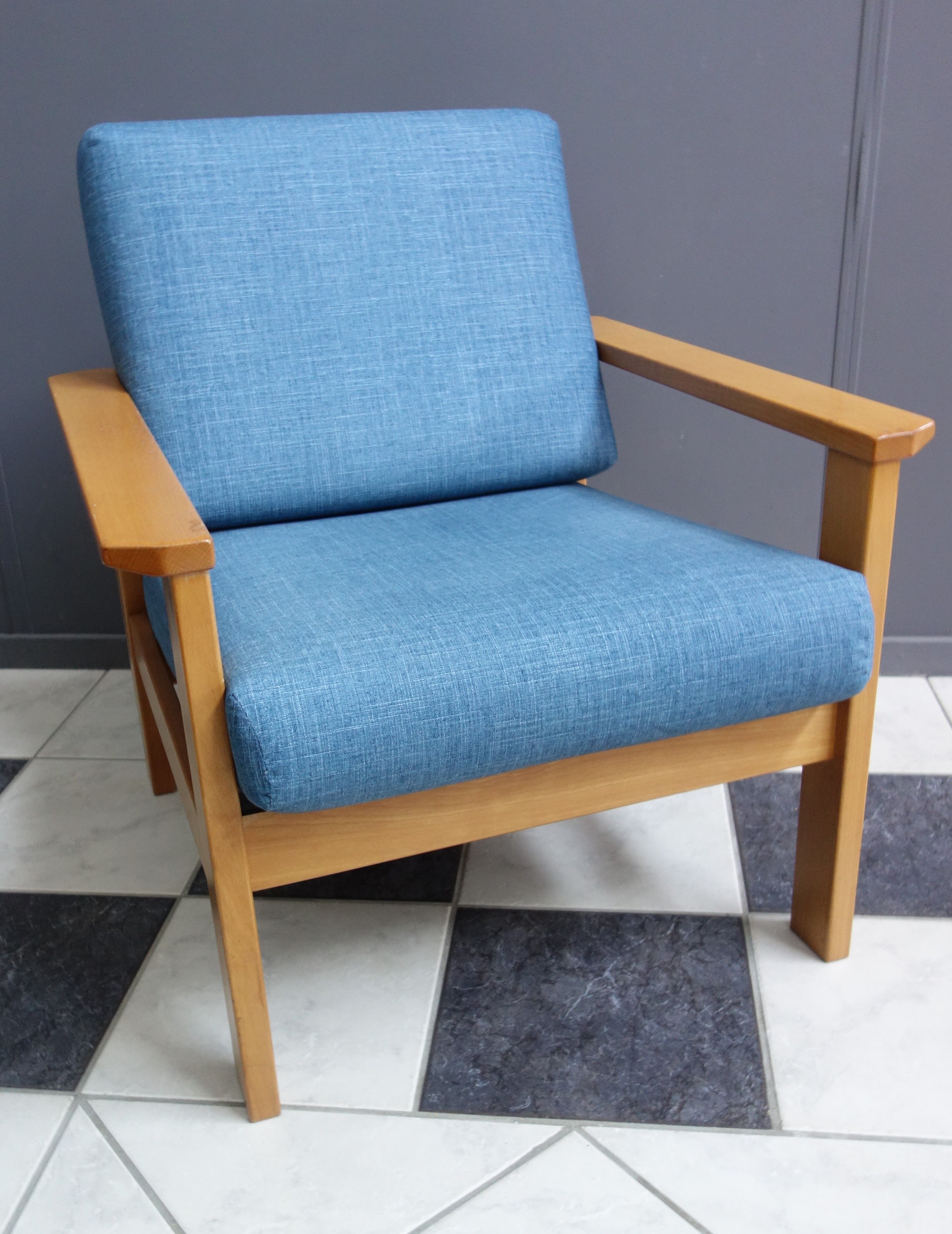 Blue fabric easy chair  in blonde wood frame 1960s