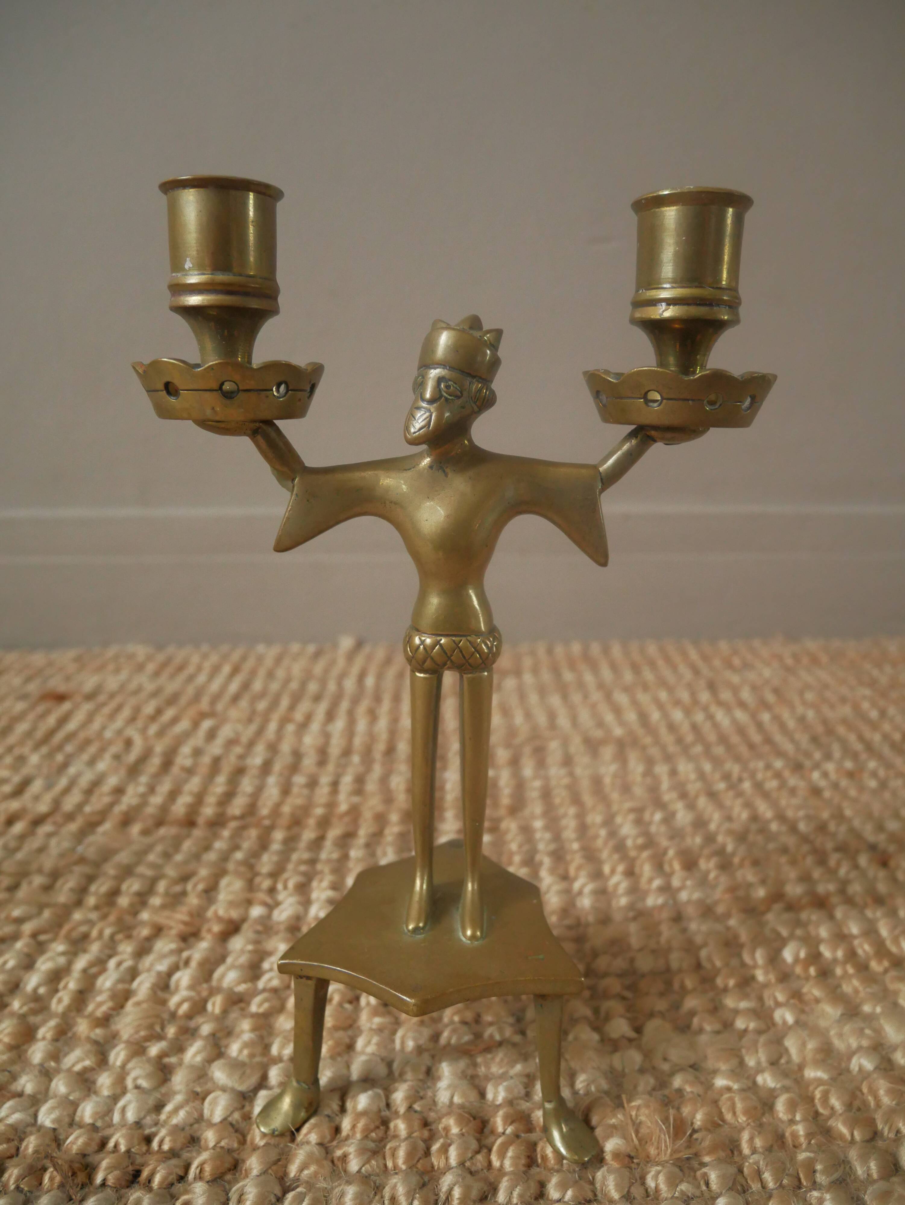 Pair of candlesticks candelabra candle holders brass African art man handcrafted ethnic decoration