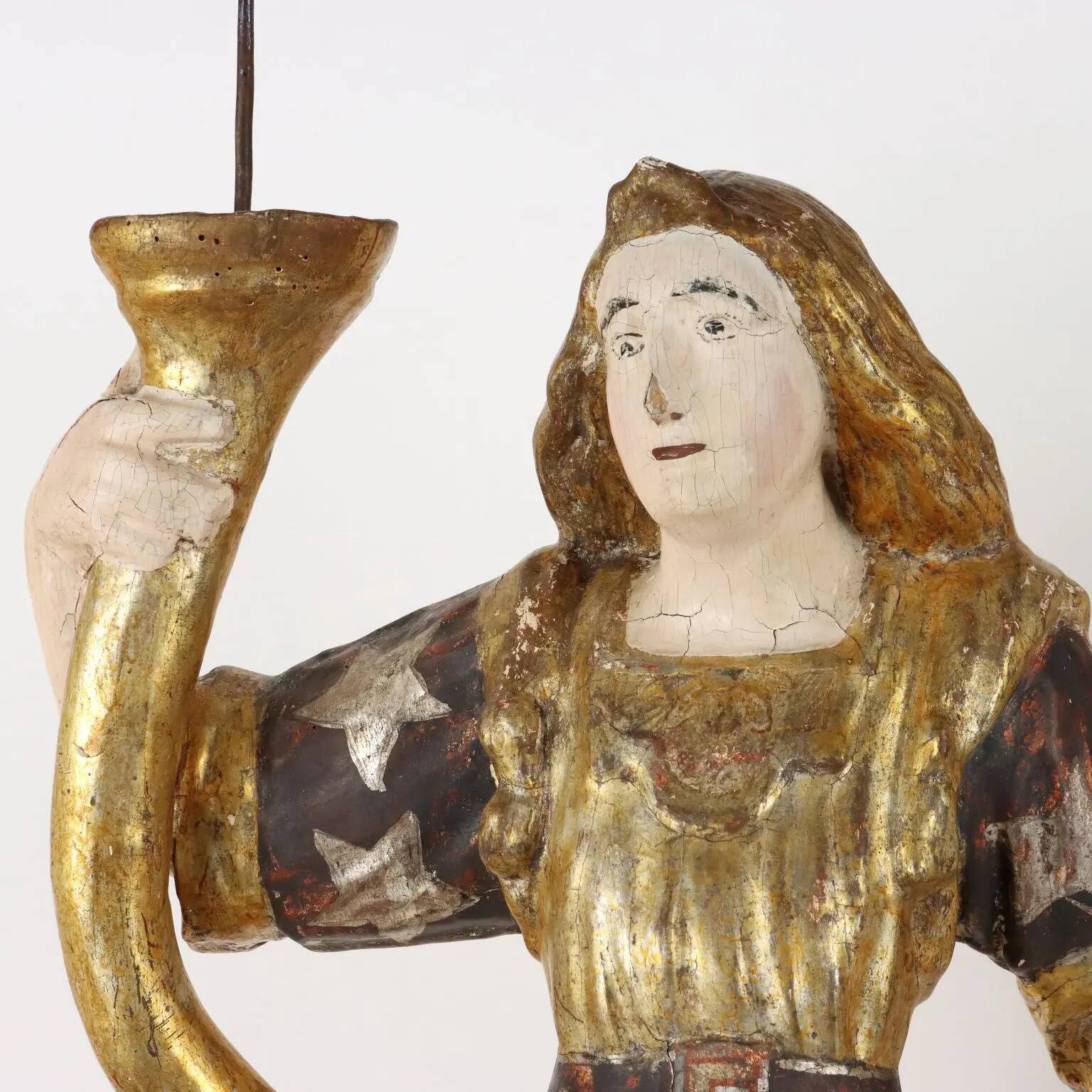 Antique wooden lacquered angel-shaped candlesticks, 18th century.