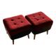 Set of 2 mid-century stools in red and black fabric and faux leather, with light wood legs.