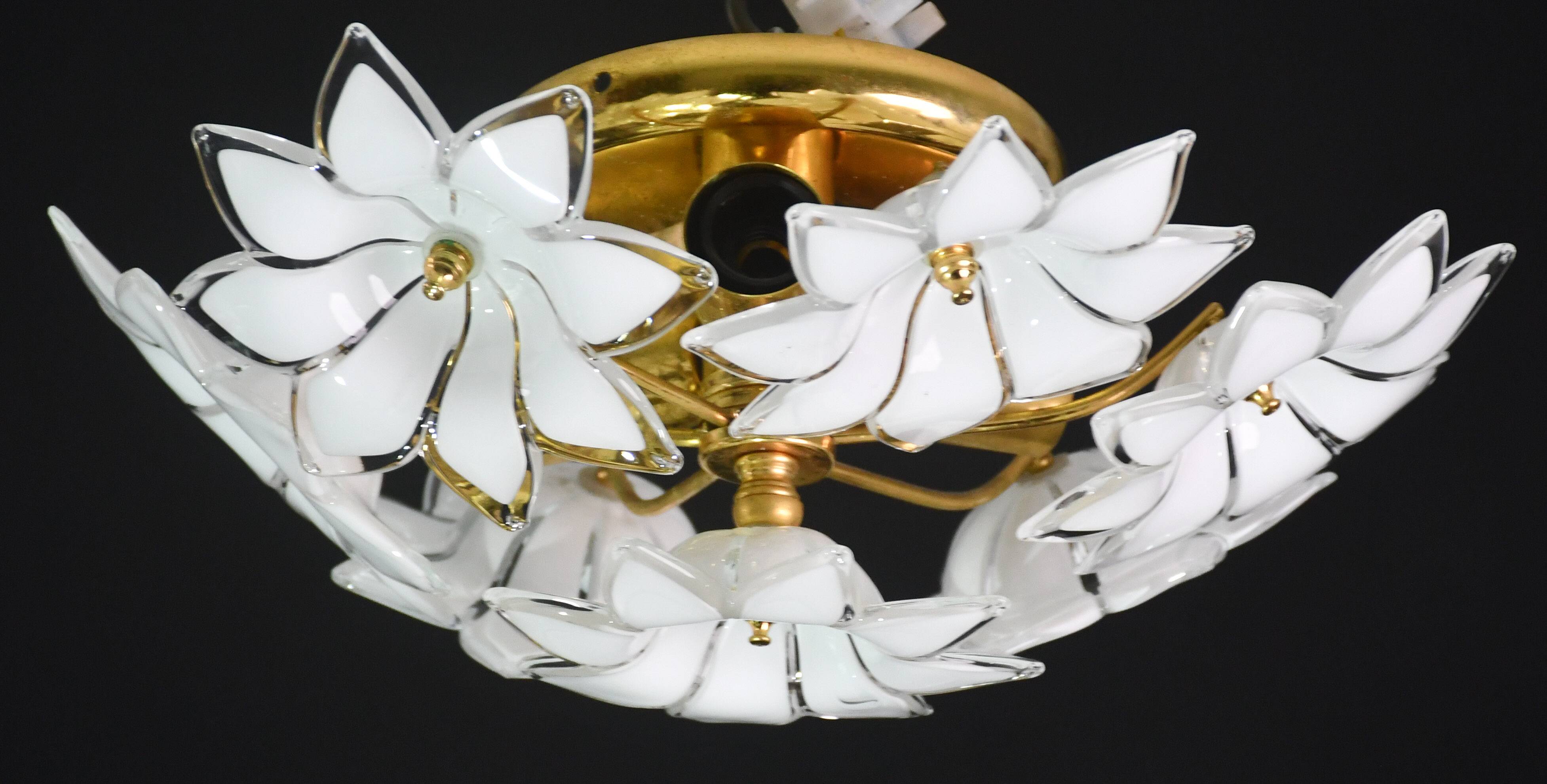Set of 2 Charming Murano Vintage Ceiling Light White Flowers, 1970s