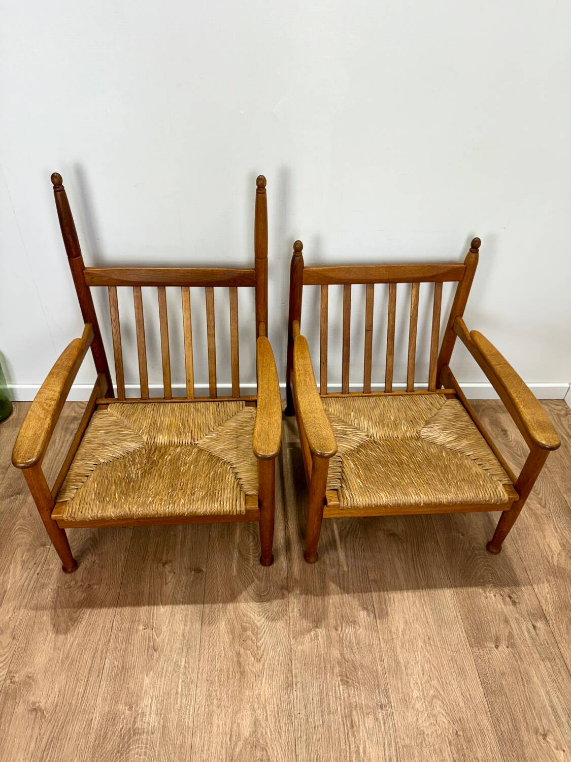 Pair of wooden and straw armchairs