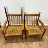 Pair of wooden and straw armchairs