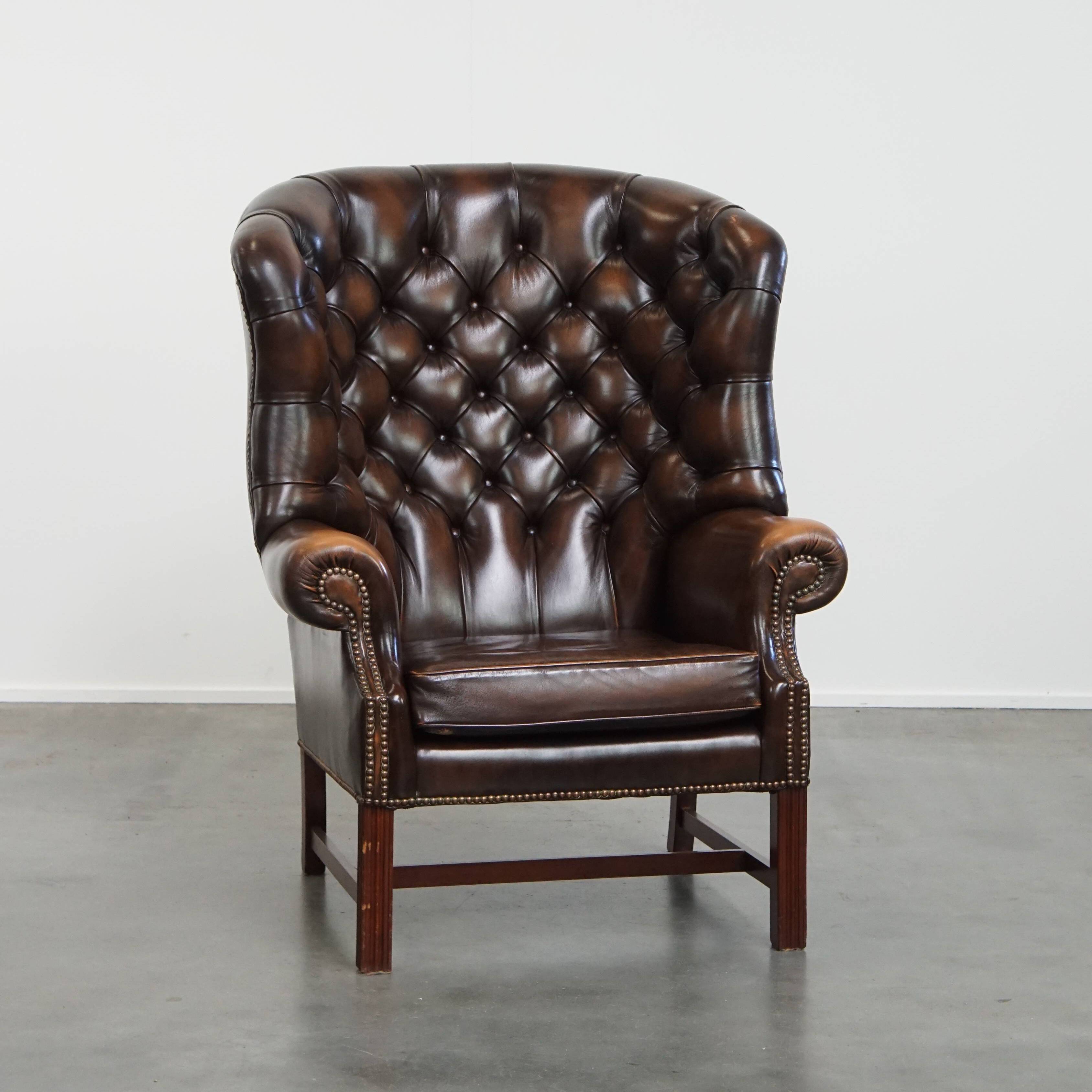 Dark Brown Cowhide  Leather Chesterfield Wingback Chair