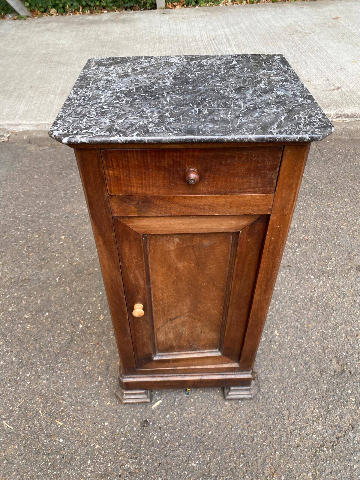 Louis Philippe bedside table from the 19th century in solid wood and grey marble.