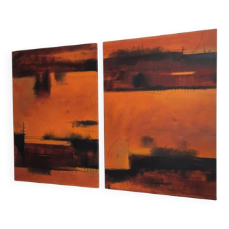 Dário Bosa abstract diptych (orange/red) signed / canvas Brasilian art